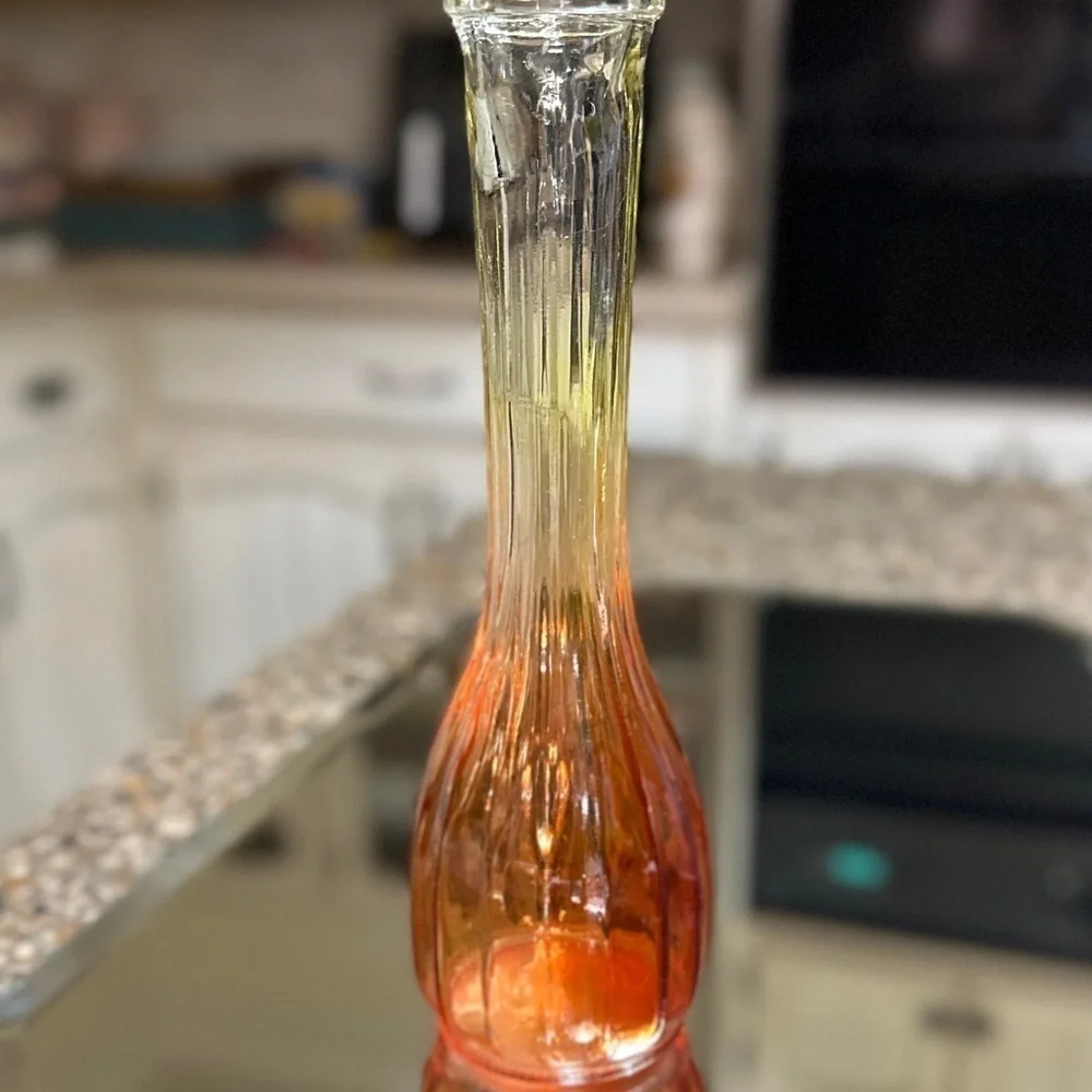 1950’S, JEANETTE GLASS, AMBERINA, STAR-FIRE ORANGE, RIBBED, BUD VASE.